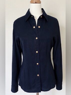 [St. John Sport] Navy Linen Blend Short Sleeve Knit Top Size S | Luxury Casual